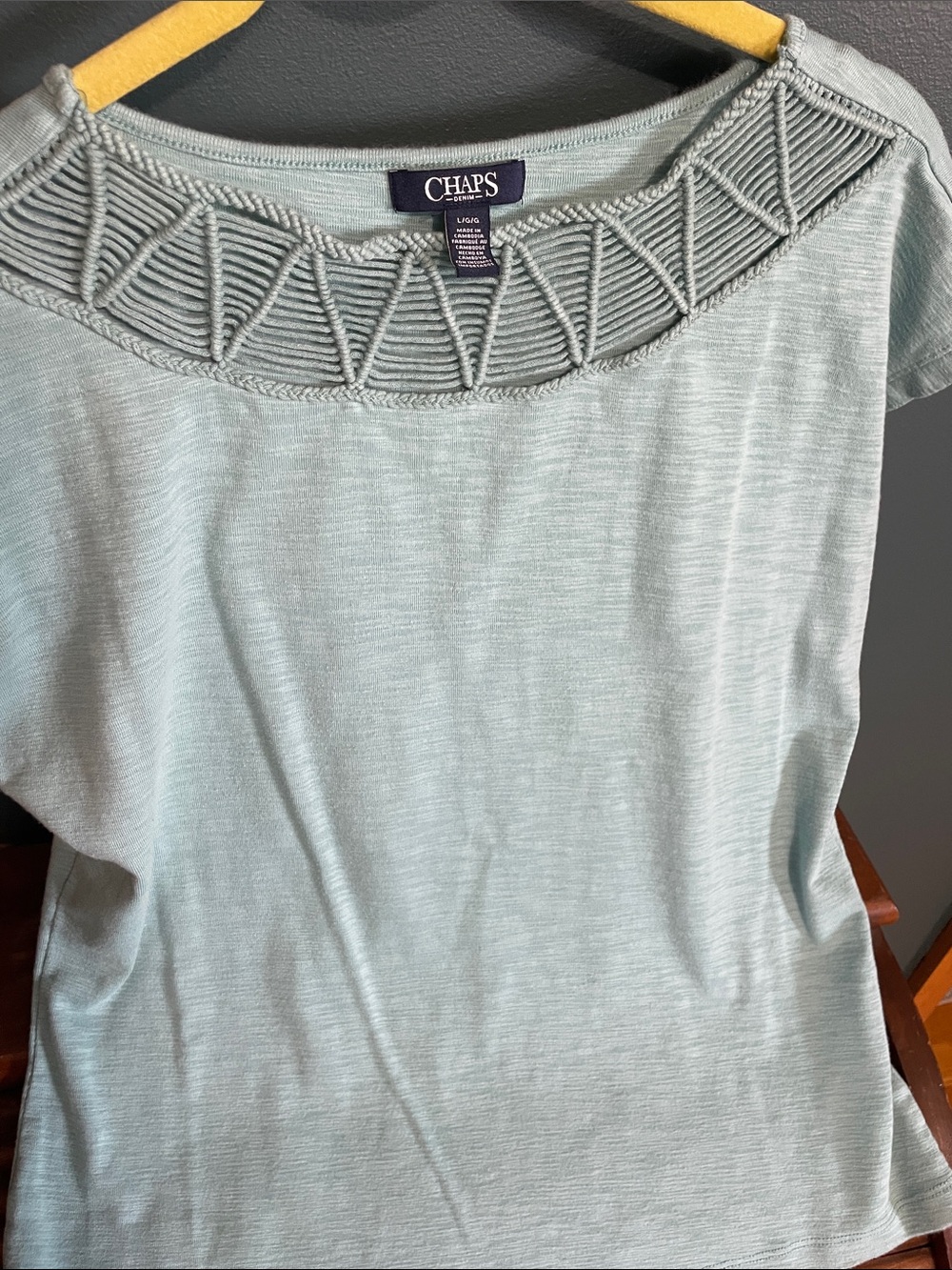 Chaps Women's Light Sage Crochet-Detail Short Sleeve Top